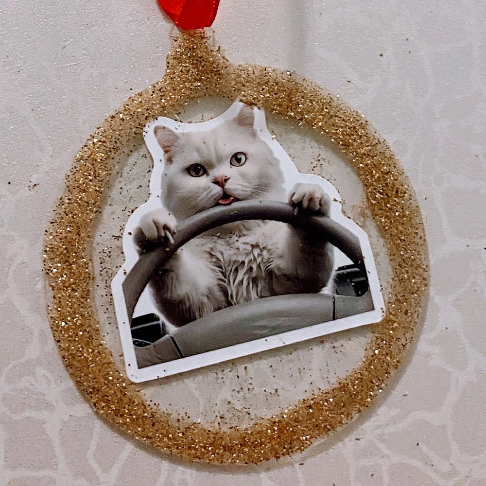 Cat Ornament or car dangle with Red Ribbon